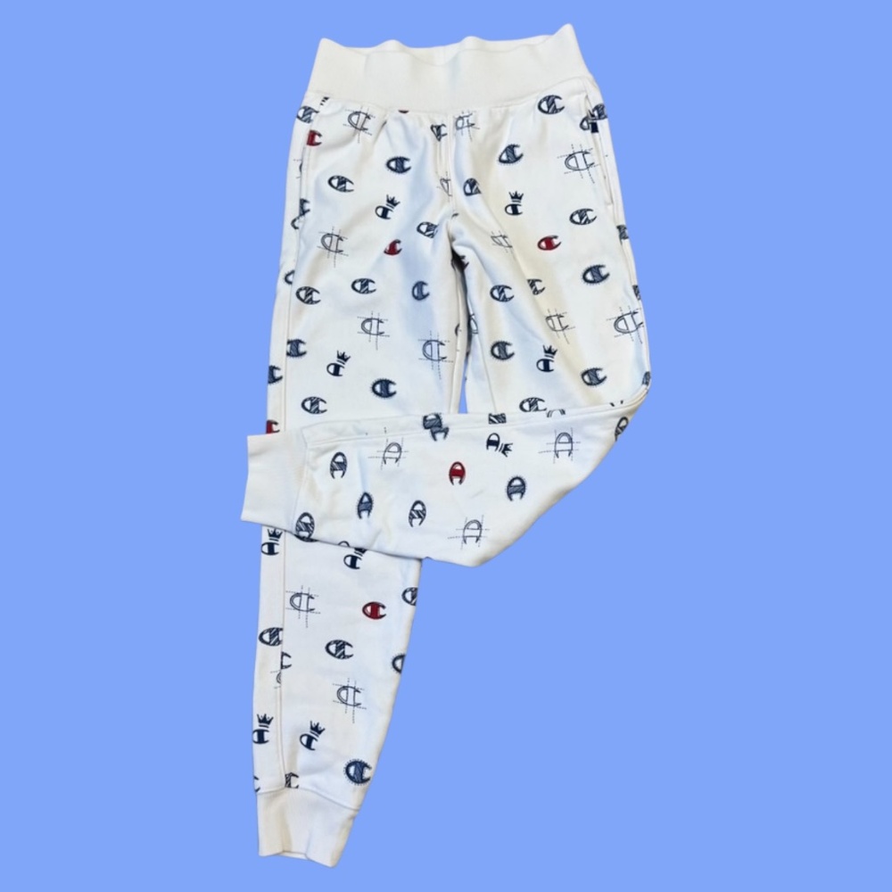 CHAMPION Reverse Weave Sweatpants Joggers SMALL White with "C' Logos Thruout EUC